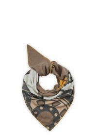 Vierkante sjaal met een bruin en beige patroon met gele stiksels. Gemaakt van zachte materialen, heeft het een bandana-vorm en abstracte ontwerpen.