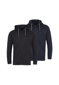 Twee rits hoodies in zwart en marineblauw, met trekkoorden, voorzakken en ribbelboorden en -hemden voor een snug fit.