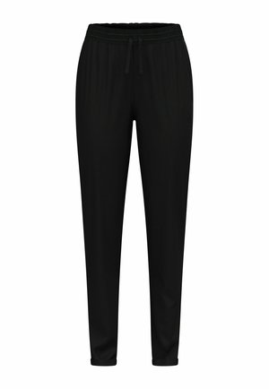 Black sweatpants made from soft fabric, featuring an elastic waistband with a drawstring, tapered legs, and no visible pockets or patterns.