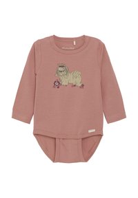 Långärmad rosa bodysuit i mjuk bomull, med en grafisk design av en hund med blommor nedanför. Tryckknappar i botten för enkelt påklädande.