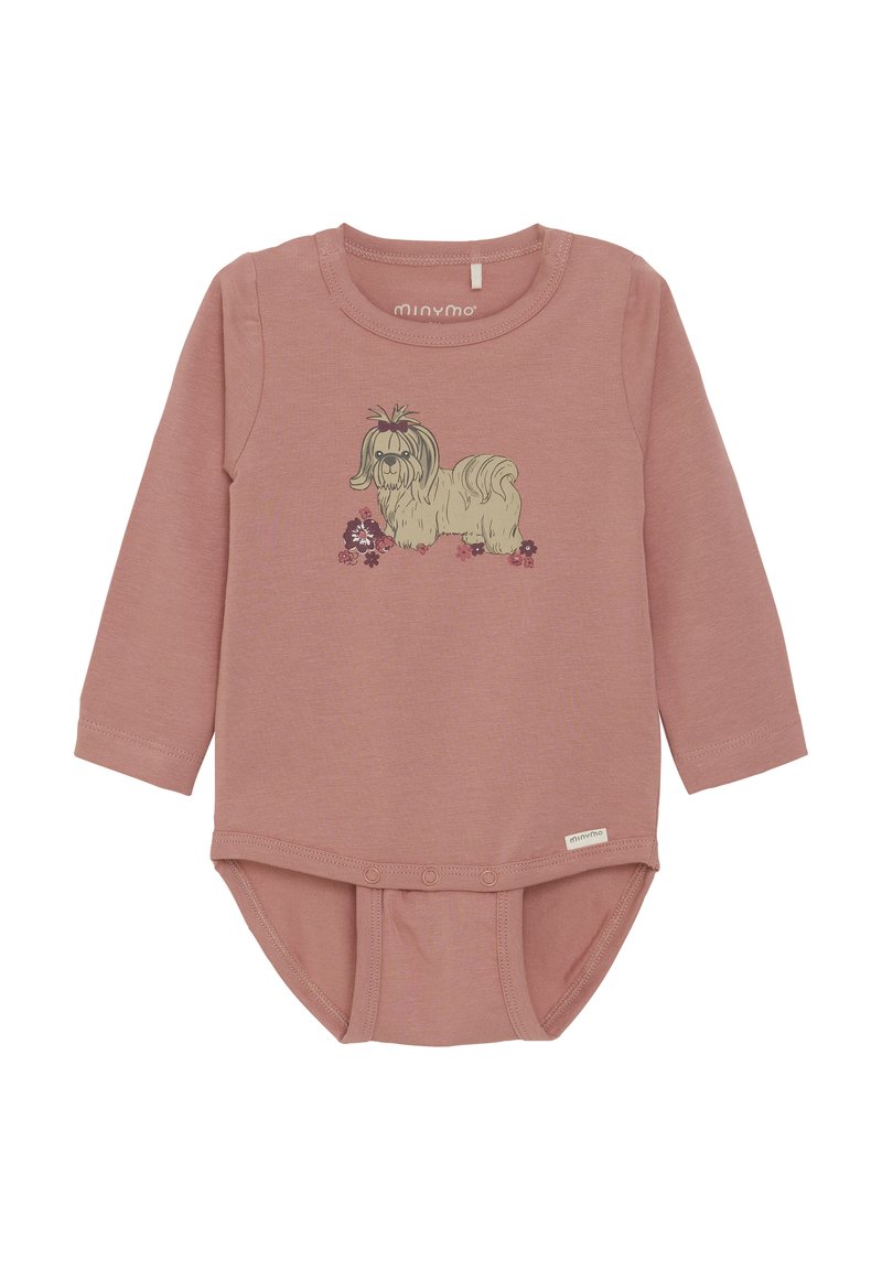 Långärmad rosa bodysuit i mjuk bomull, med en grafisk design av en hund med blommor nedanför. Tryckknappar i botten för enkelt påklädande.