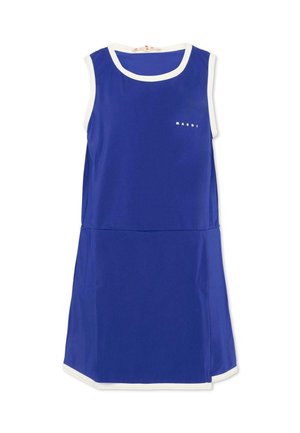 Abito blu senza maniche con bordo bianco su scollo, giromanica e orlo, con piccola scritta bianca "MARNI" sul petto superiore.