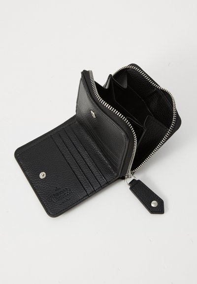 Black leather wallet with a zip closure, multiple card slots, and organized compartments. Textured finish with a silver zipper detail.