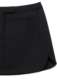 Black tailored skirt with a waistband, a single horizontal slit pocket, and a curved hem with a small side slit on the right.