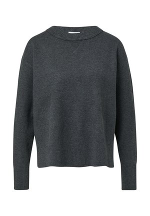 Ciemnoszary sweter z okrągłym dekoltem, z teksturowanym splotem, ściągaczami przy mankietach oraz luźnym krojem. Bez widocznych wzorów ani elementów metalowych.
