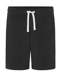 Black terry shorts with a white drawstring, featuring an elastic waistband and a smooth texture, designed for casual wear.