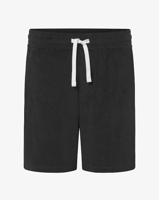 Black terry shorts with a white drawstring, featuring an elastic waistband and a smooth texture, designed for casual wear.
