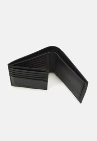 Black leather wallet with multiple card slots, a textured finish, and a smooth interior lining. Includes subtle branding on one side.