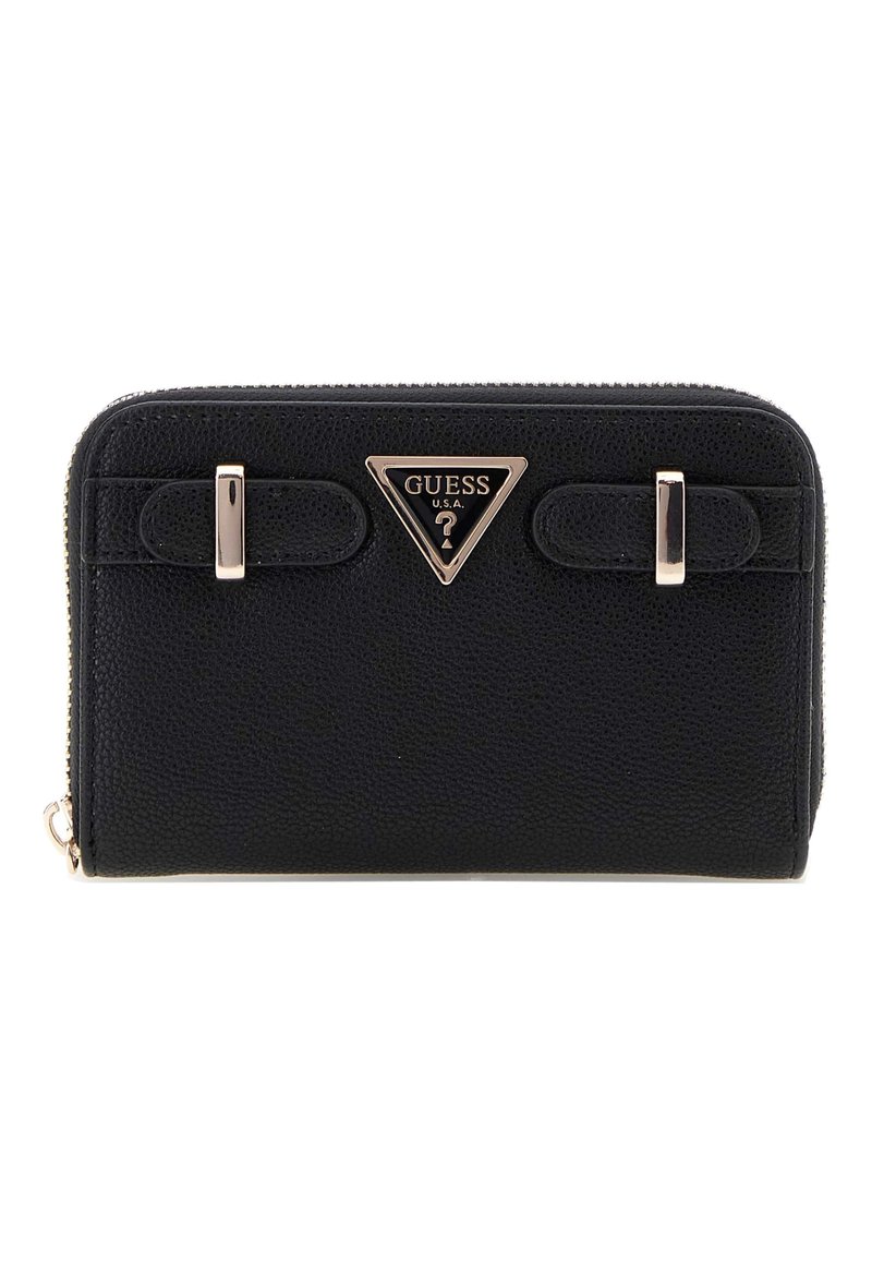 Portafoglio in pelle nera strutturata con hardware dorato, caratterizzato da un logo triangolare e due fasce decorative sulla parte anteriore, chiusura con zip.
