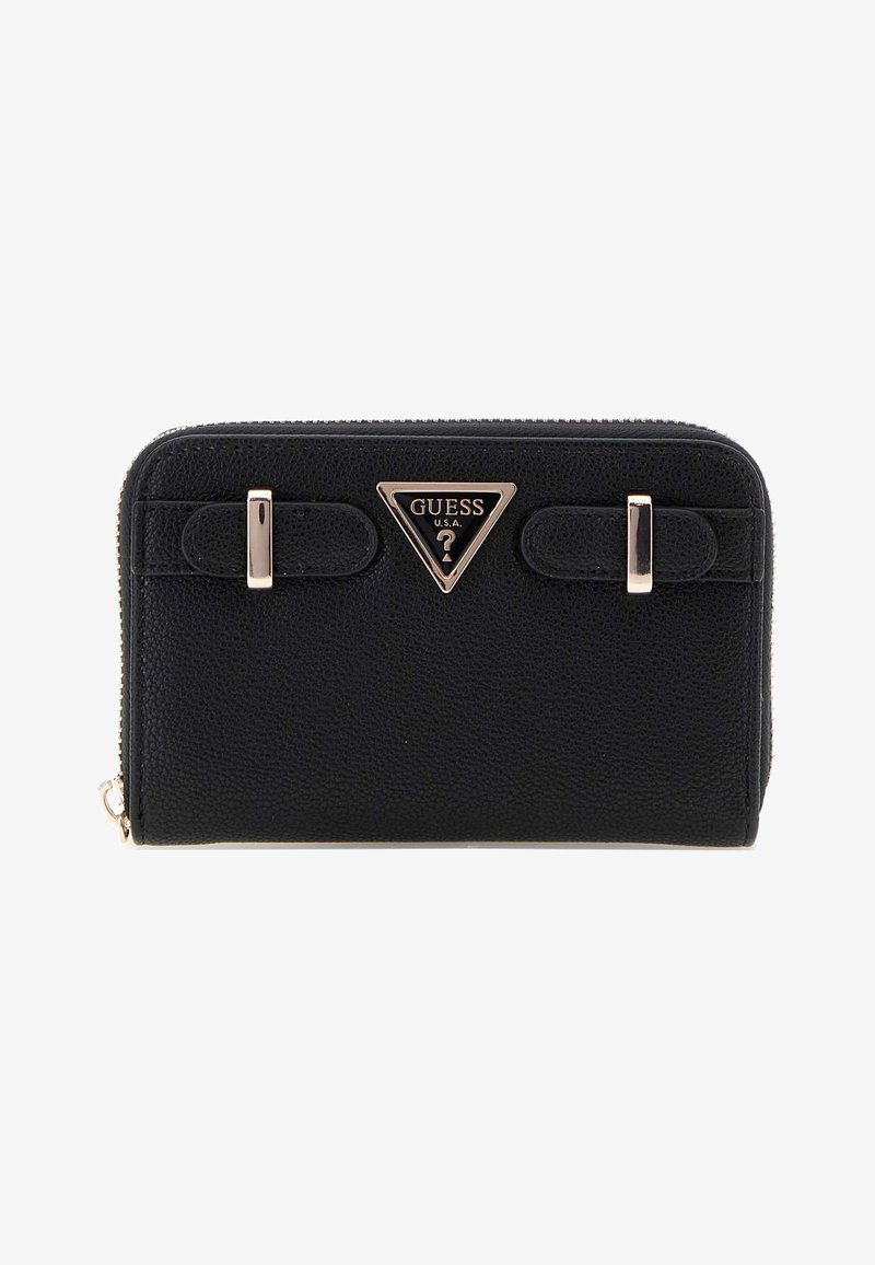 Black textured leather wallet with gold-tone hardware, featuring a triangular logo and two decorative straps on the front, zip closure.