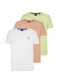 Tre t-shirt in bianco, pesca e verde chiaro. Collo rotondo, maniche corte, materiale in cotone. Piccolo dettaglio del logo sul petto di ciascuna maglietta.