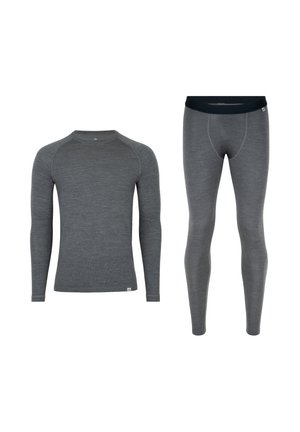 Gray long-sleeve top and matching leggings made of soft, stretchy fabric. The top features a rounded neckline; both have minimal detailing.