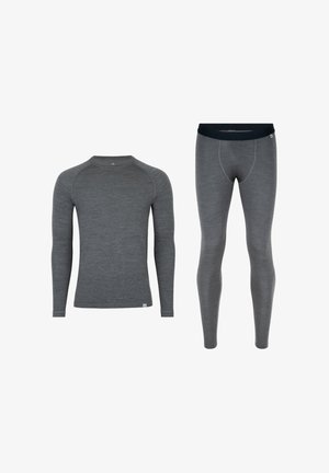 Gray long-sleeve top and matching leggings made of soft, stretchy fabric. The top features a rounded neckline; both have minimal detailing.