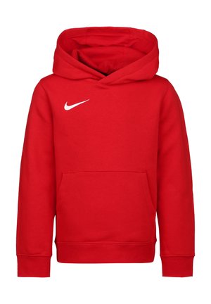 Red hooded sweatshirt made of soft fleece with a front pocket and a white Nike swoosh logo on the left chest. Long sleeves with ribbed cuffs.