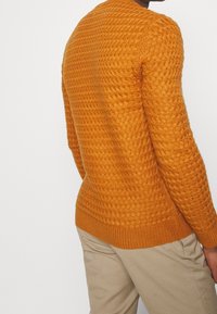 Homme portant un pull orange texturé en tricot et un pantalon beige, tourné légèrement pour montrer le dos et le côté, sur un fond clair uni.