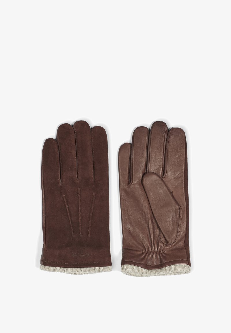 Brune skinnhansker med en kombinasjon av glatte og semskede teksturer, med en strikket mansjett og sømdetaljer på baksiden.