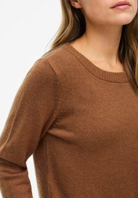 Brązowy sweter dziany z okrągłym dekoltem i prążkowanymi mankietami, o miękkiej fakturze i luźnym kroju. Brak widocznych wzorów lub elementów metalowych.