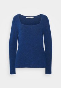 Blå ullblandningströja med fyrkantig halsringning, långa ärmar och en figurnära silhuett. Texturerad tyg med en mjuk yta.