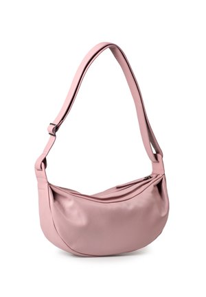 Borsa a spalla in pelle rosa con una forma morbida e curvata. Presenta una lunga tracolla regolabile e una chiusura superiore con zip per un accesso sicuro.