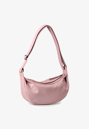 Rosa Leder-Schultertasche mit einer geschwungenen, weichen Form. Verfügt über einen langen, verstellbaren Tragegurt und einen Reißverschluss oben für sicheren Zugang.