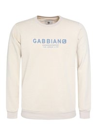 Sudadera color crema con mangas largas, puños y dobladillo acanalados. Presenta un logo azul "GABBIANO" y el texto "THE URBAN LIFE" en el frente.