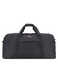 Černá sportovní taška vyrobená z odolné tkaniny, vybavená dvojitými rukojetěmi, přední kapsou na zip a minimalistickými designovými prvky.