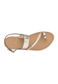 Sandali metallici dorati con due sottili cinghie e fibbia alla caviglia. Sottopiede beige morbido con dettagli di branding, suola piatta, design minimalista.