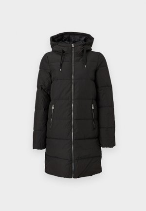 Svart puffjacka med huva, med horisontella quiltade sektioner, frontdragkedja och två sidofickor med dragkedja.