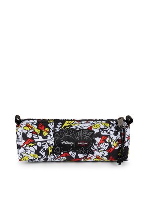 Schwarzes, weißes, rotes und gelbes rechteckiges Disney- und Eastpak-Federmäppchen mit comicsartigen grafischen Mustern und Reißverschluss.