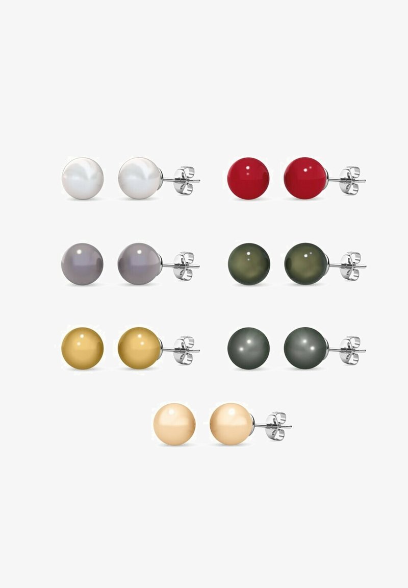 Otto paia di orecchini a perline sferiche di vari colori: bianco, rosso, grigio, verde, giallo e beige, con chiusure in metallo argento.