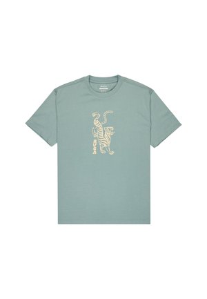 Light green cotton t-shirt with round neck and short sleeves. Features a cream-colored graphic of a tiger design on the front.