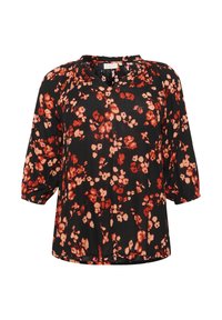Blusa negra con patrón floral rojo, con escote redondo, mangas 3/4 y corte holgado. Tejido ligero y semi-translúcido.