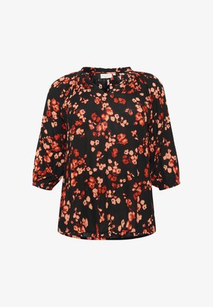 Mustmustähe, millel on punane lillemuster, ümara kaeluse, 3/4 pikkade varrukate ja lõtv sobivus. Kerge, poolläbipaistev kangas.