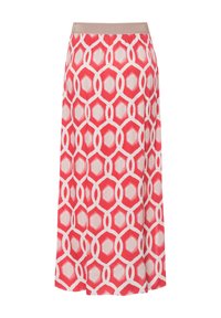 Jupe maxi avec un motif géométrique dans des tons de rouge et de blanc, dotée d'une taille beige unie. Confectionnée en tissu léger et fluide.