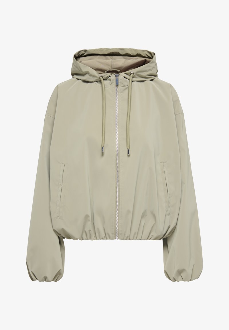 Veste à capuche beige clair avec fermeture éclair devant, cordon de serrage à la capuche, poignets élastiques et deux poches latérales.