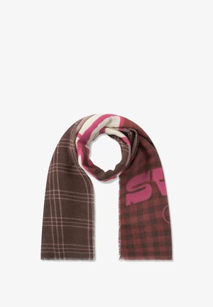Écharpe brune et rose avec un motif en tartan et un texte en gras, avec une finition douce et texturée et des bords effilochés.