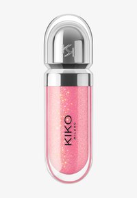 Glossy silver cap atop transparent tube containing sparkly pink lip gloss labeled KIKO Milano.