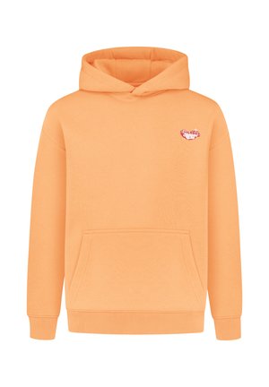 Orange hoodie with a front pocket and ribbed cuffs. Features a small graphic logo on the chest. Made from soft, comfortable fabric.