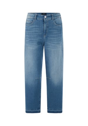 Blue straight-leg jeans with faded details, front button and zipper closure, and five-pocket design.