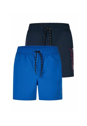 Two pairs of men's swim shorts, one bright blue and one dark navy, both with elastic waistbands and black drawstrings.