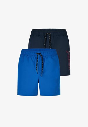Deux paires de shorts de bain pour hommes, un bleu vif et un bleu marine foncé, tous deux avec des ceintures élastiques et des cordons noirs.