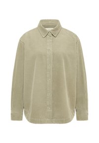 Beige corduroy button-up shirt with long sleeves, collar, and a loose fit.