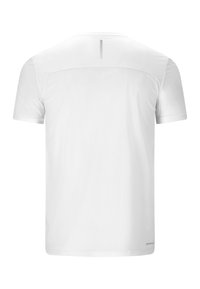 T-shirt de sport blanc à manches courtes avec une petite bande réfléchissante verticale près du haut du dos et le texte "ENDURANCE" près de l'ourlet inférieur.