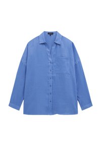 Camicia blu con bottoni realizzata in tessuto leggero, dotata di colletto, maniche lunghe e tasca sul petto. Superficie strutturata con una vestibilità ampia.