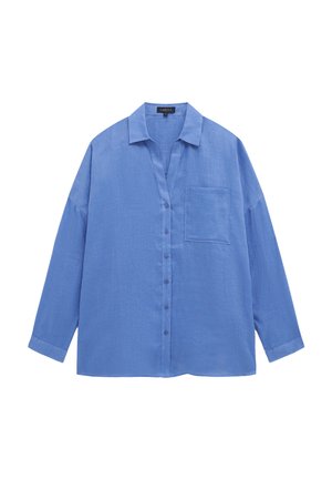 Blauw overhemd met knopen, gemaakt van lichtgewicht stof, met een kraag, lange mouwen en een borstzak. Gekreukte oppervlakte met een losse pasvorm.