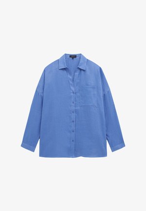 Blauw overhemd met knopen, gemaakt van lichtgewicht stof, met een kraag, lange mouwen en een borstzak. Gekreukte oppervlakte met een losse pasvorm.