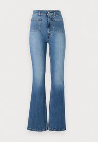 Modre flared jeans z visokim pasom, ki imajo dva zadnja žepa in bled toniran odtenek. Rob je zašit z diskretnim motivom.