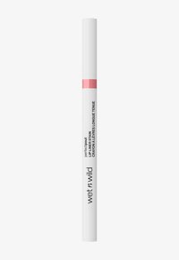 Matita per labbra bianca con una banda accentata rosa, texture liscia e design elegante. Presenta il marchio e i dettagli del prodotto stampati in nero.