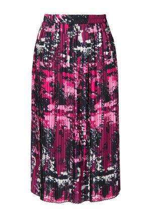 Gonna a pieghe in un vivace rosa, con un motivo astratto in bianco e nero. Presenta una vita elastica e un design fluido.