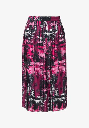 Geplooide rok in een levendig roze, zwart en wit abstract patroon. Beschikt over een elastische tailleband en een vloeiende stijl.